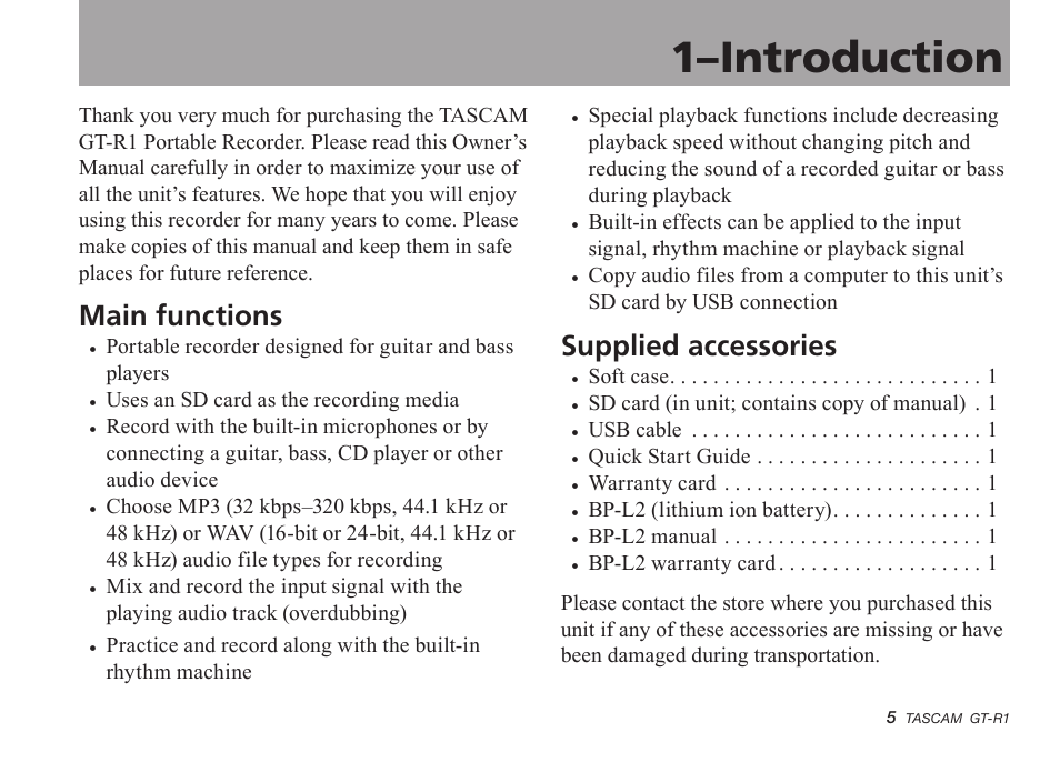 1–introduction, Main functions, Supplied accessories | Teac GT-R1 User Manual | Page 5 / 112