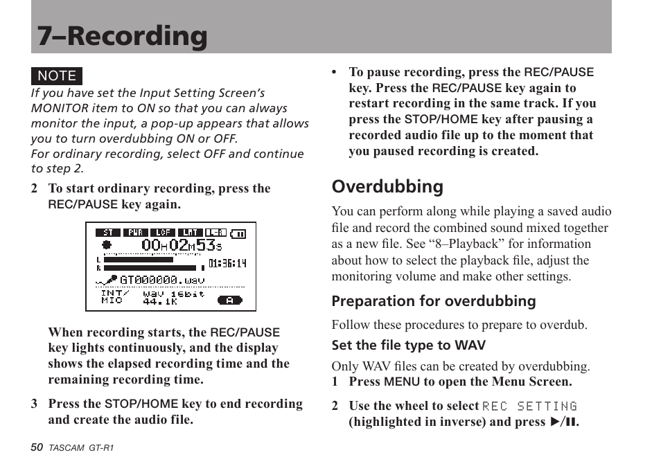 Overdubbing, Preparation for overdubbing, 7–recording | Teac GT-R1 User Manual | Page 50 / 112