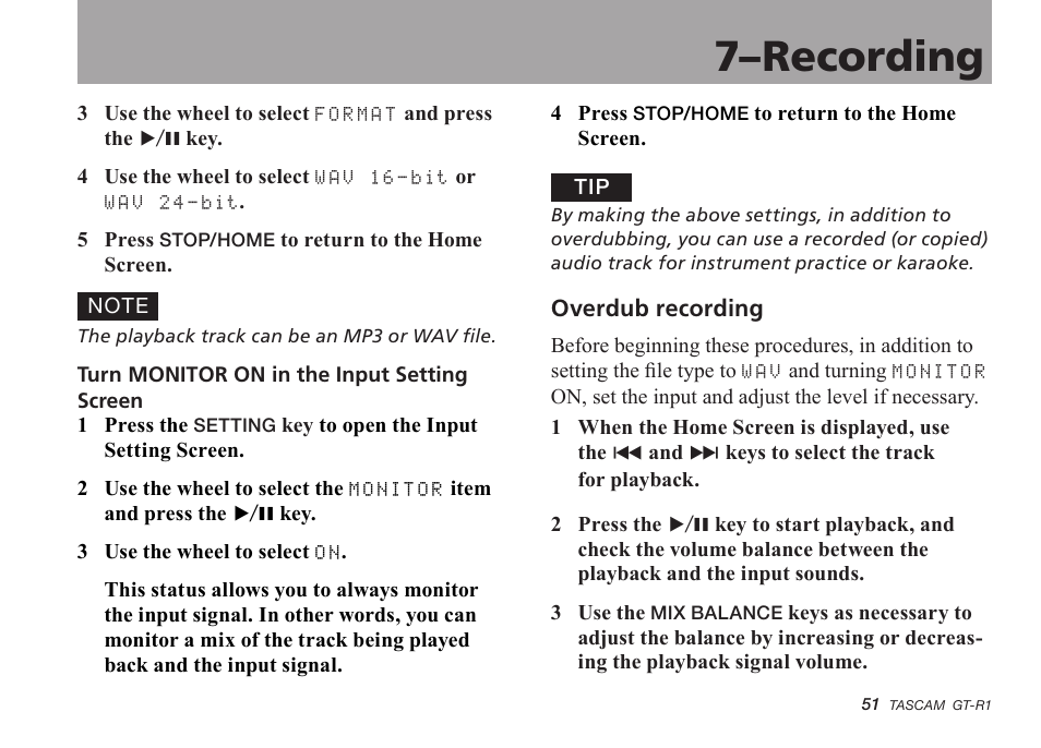 Overdub recording, 7–recording | Teac GT-R1 User Manual | Page 51 / 112