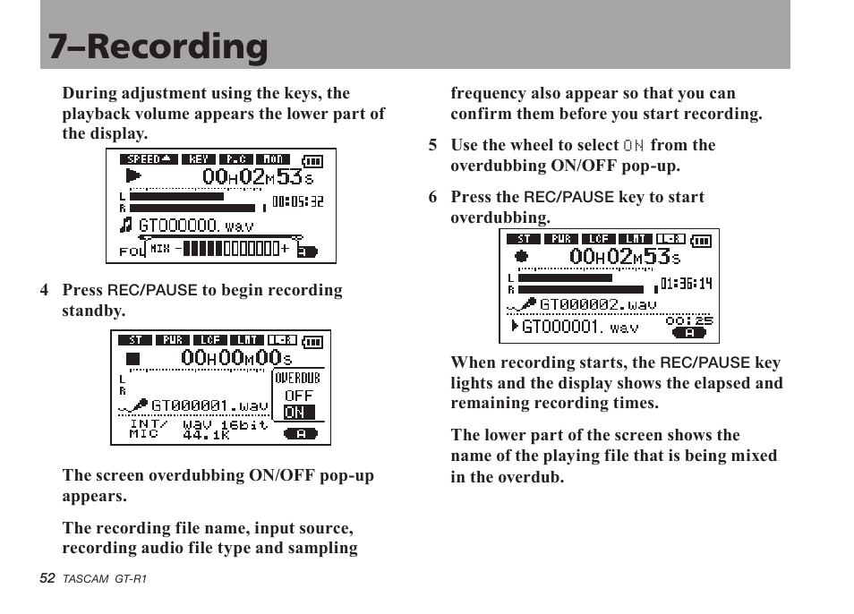 7–recording | Teac GT-R1 User Manual | Page 52 / 112