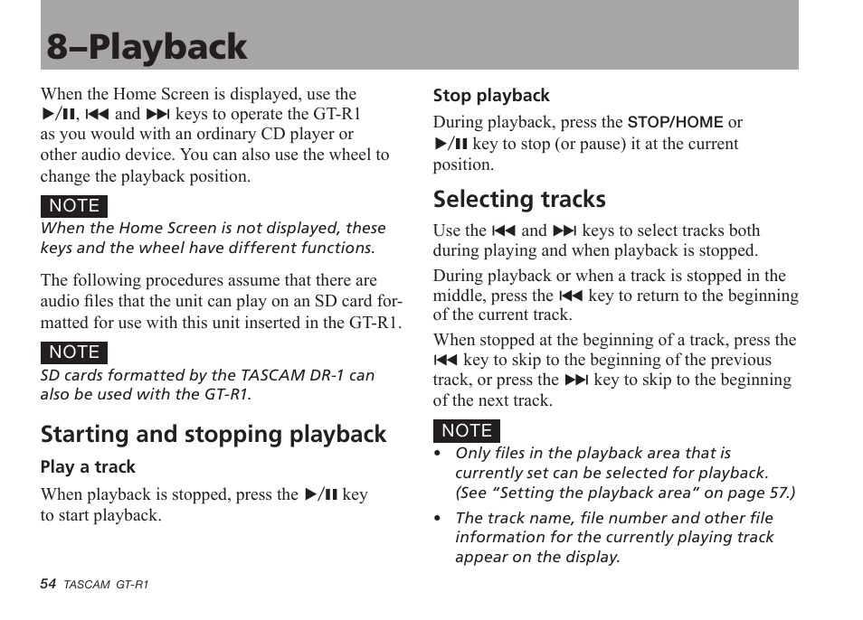 8–playback, Starting and stopping playback, Selecting tracks | Teac GT-R1 User Manual | Page 54 / 112