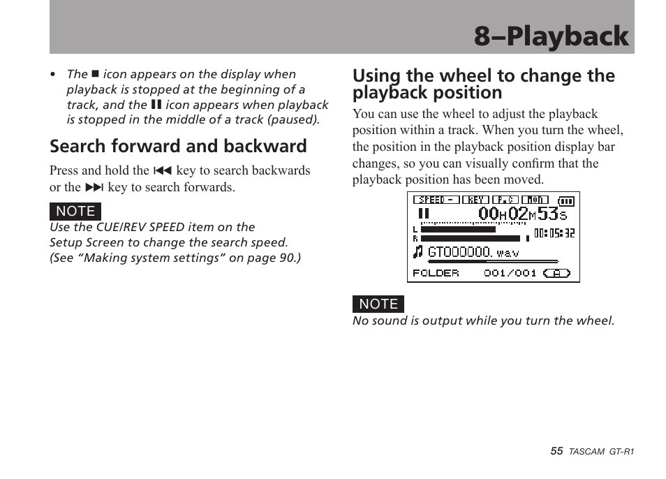 Search forward and backward, Using the wheel to change the playback position, 8–playback | Teac GT-R1 User Manual | Page 55 / 112