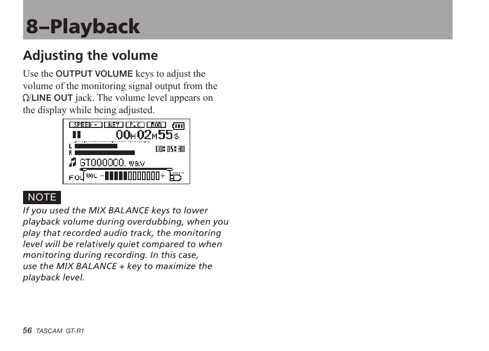 Adjusting the volume, 8–playback | Teac GT-R1 User Manual | Page 56 / 112