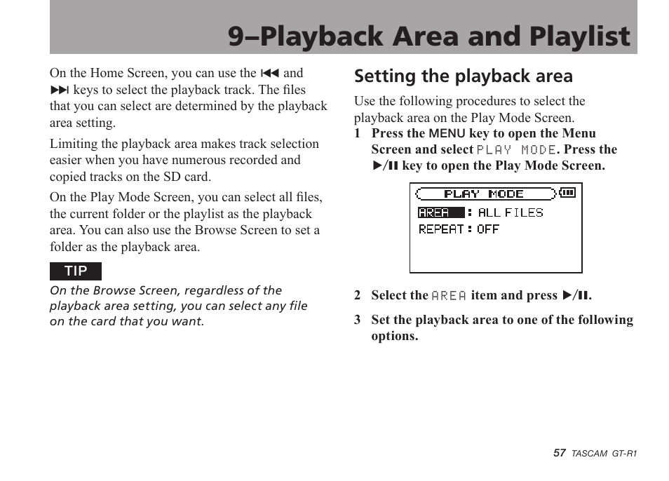 9–playback area and playlist, Setting the playback area | Teac GT-R1 User Manual | Page 57 / 112