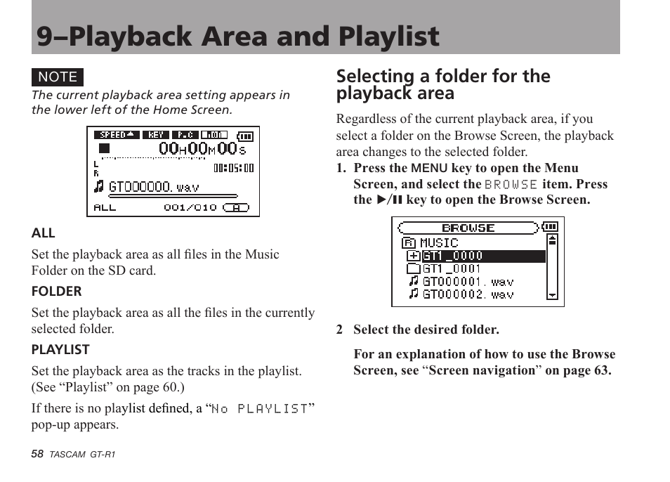 Selecting a folder for the playback area, 9–playback area and playlist | Teac GT-R1 User Manual | Page 58 / 112