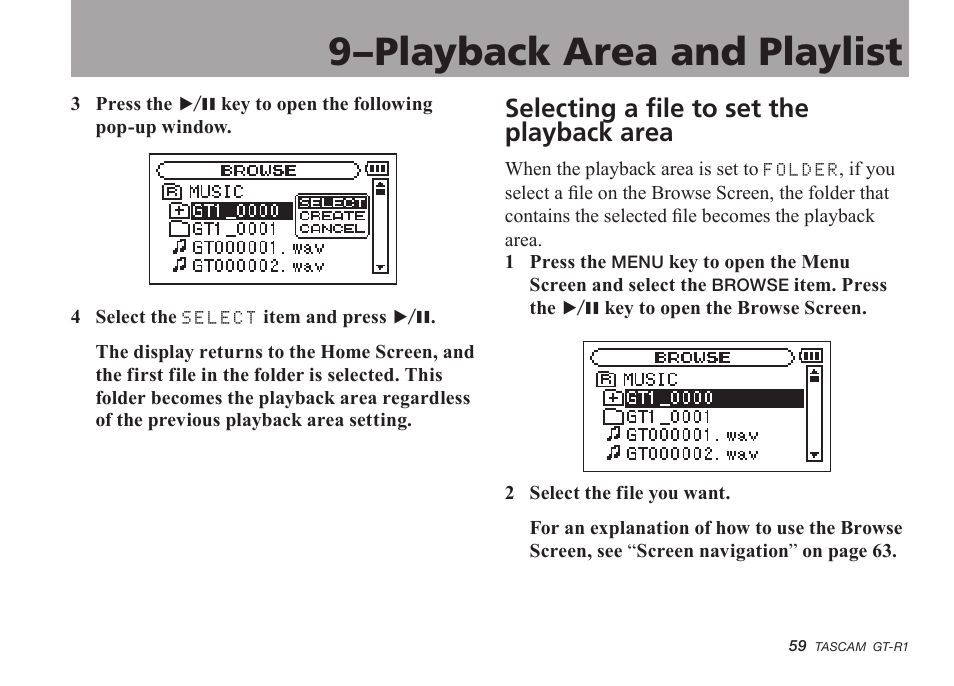 Selecting a file to set the playback area, 9–playback area and playlist | Teac GT-R1 User Manual | Page 59 / 112
