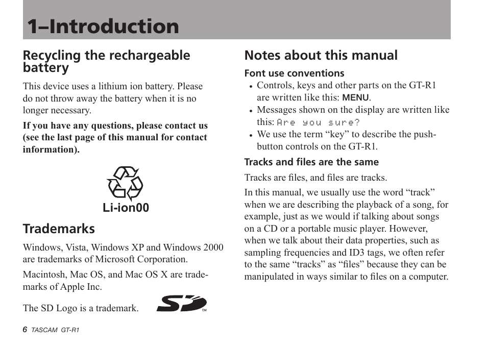 Recycling the rechargeable battery, Copyrights, Notes about this manual | 1–introduction, Trademarks | Teac GT-R1 User Manual | Page 6 / 112