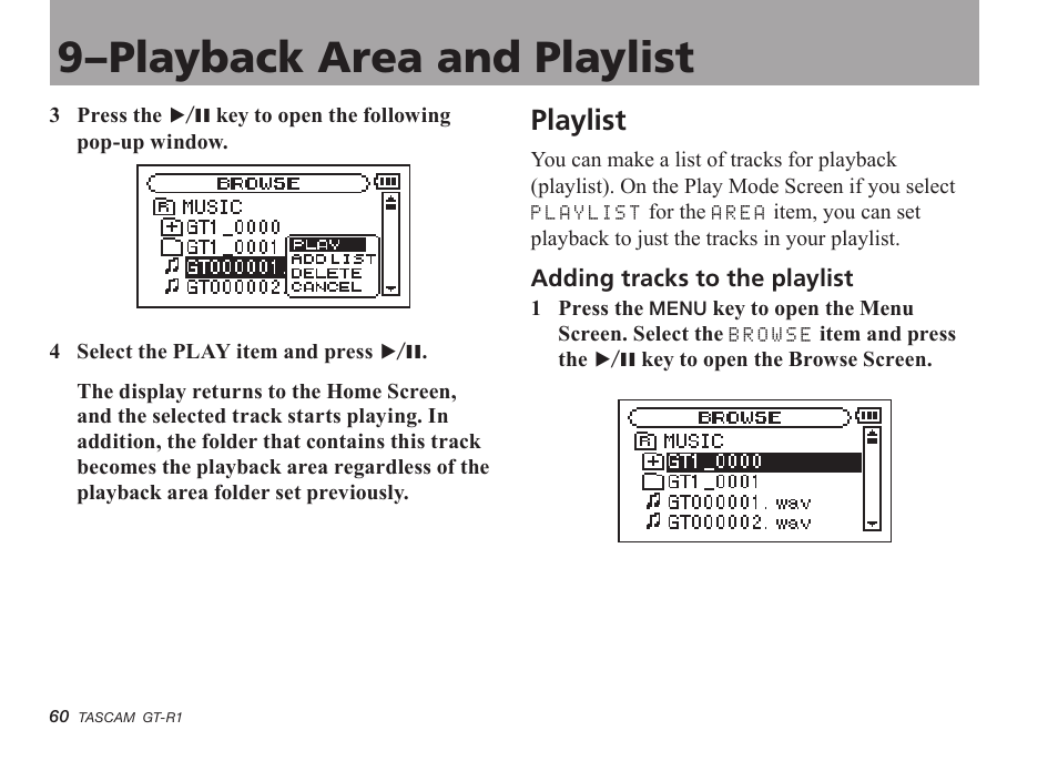 Playlist, Adding tracks to the playlist, 9–playback area and playlist | Teac GT-R1 User Manual | Page 60 / 112