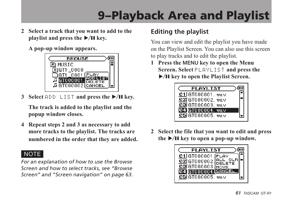 Editing the playlist, 9–playback area and playlist | Teac GT-R1 User Manual | Page 61 / 112