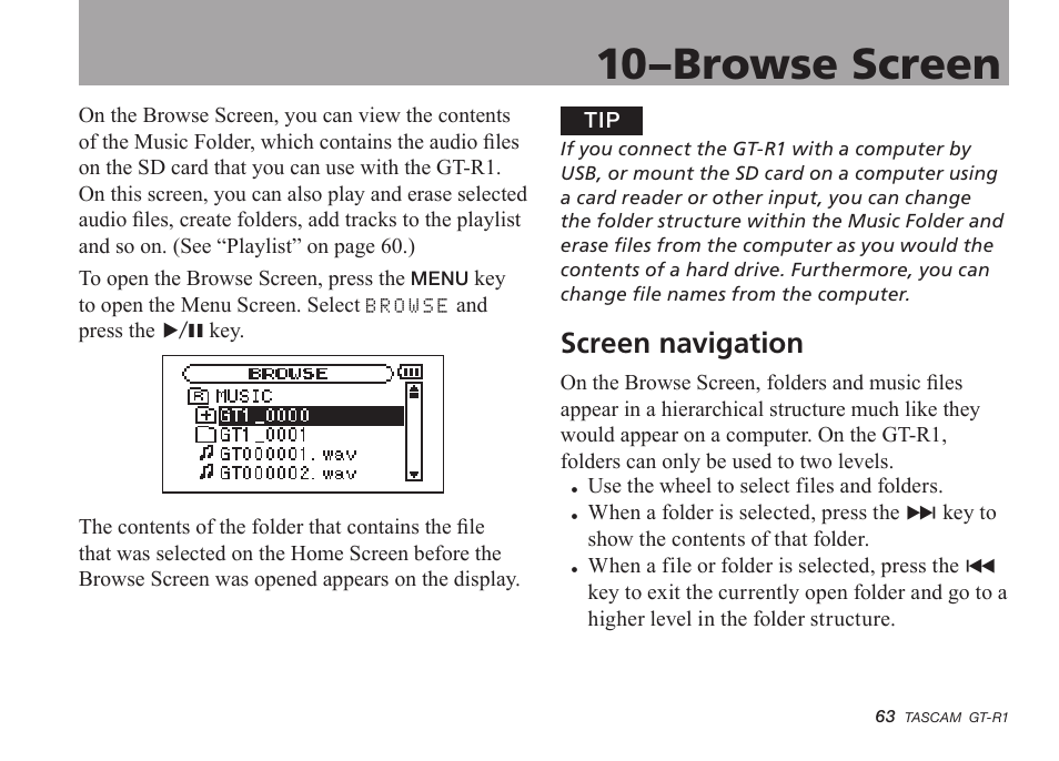 10–browse screen, Screen navigation | Teac GT-R1 User Manual | Page 63 / 112