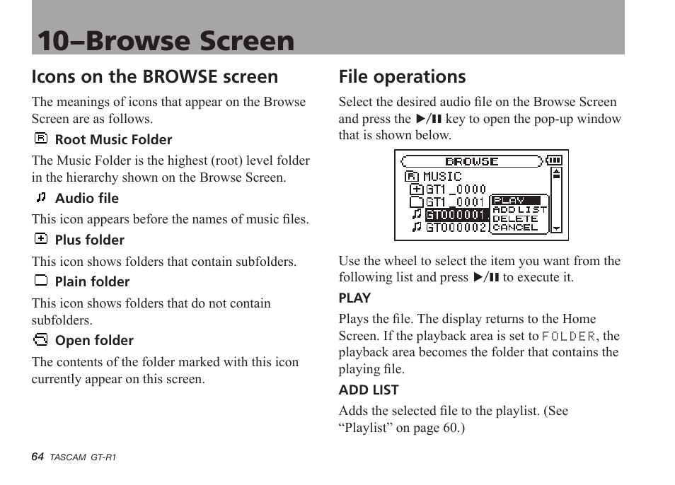 Icons on the browse screen, File operations, 10–browse screen | Teac GT-R1 User Manual | Page 64 / 112