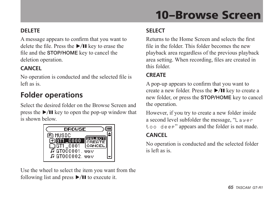 Folder operations, 10–browse screen | Teac GT-R1 User Manual | Page 65 / 112