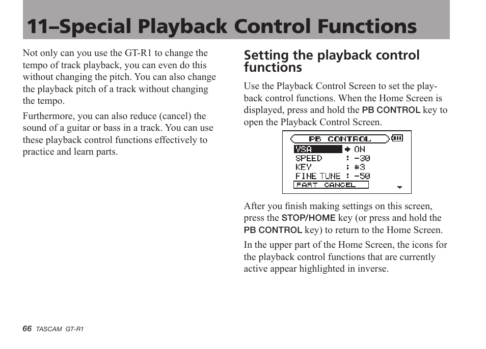 11–special playback control functions, Setting the playback control functions | Teac GT-R1 User Manual | Page 66 / 112