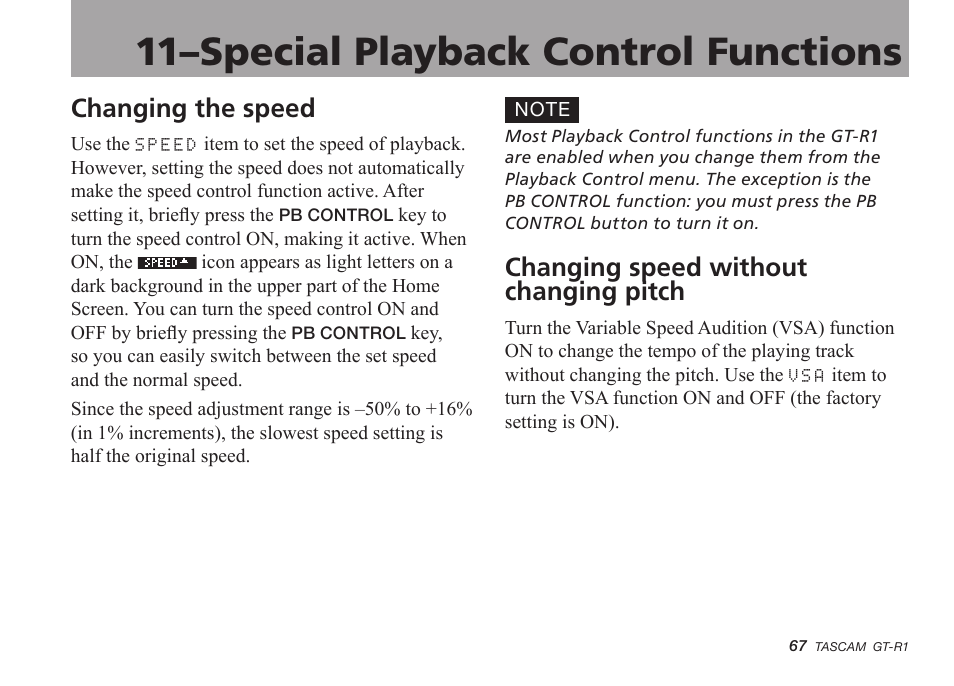 Changing the speed, Changing speed without changing pitch, 11–special playback control functions | Teac GT-R1 User Manual | Page 67 / 112