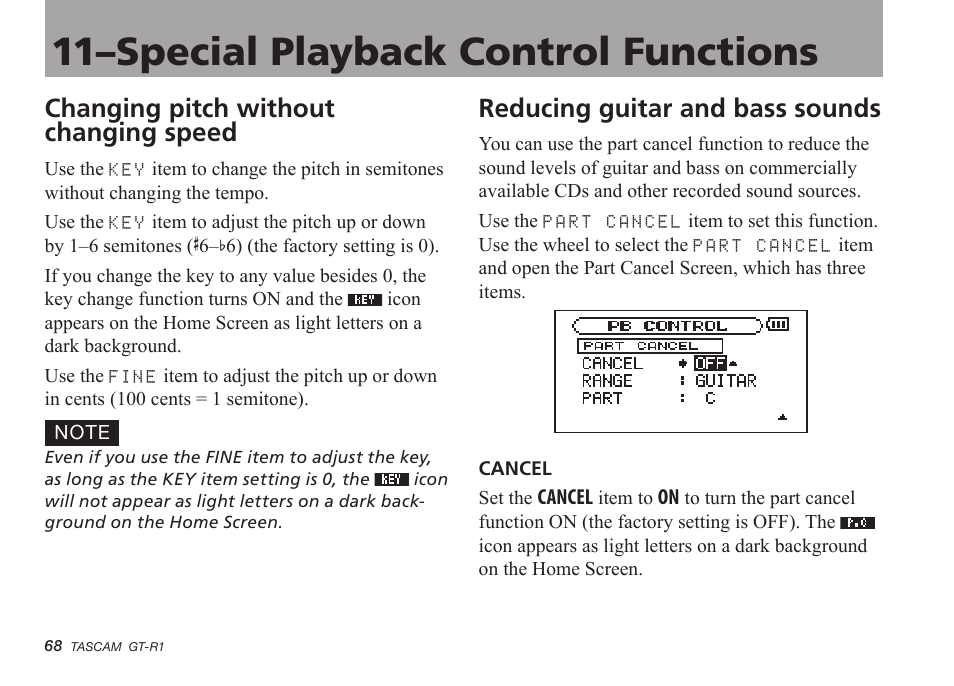 Changing pitch without changing speed, Reducing guitar and bass sounds, 11–special playback control functions | Teac GT-R1 User Manual | Page 68 / 112