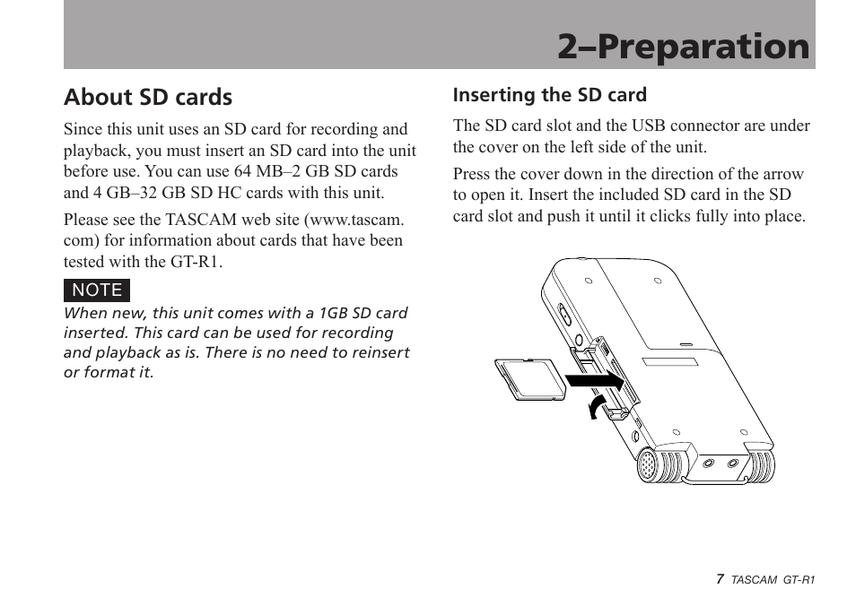 2–preparation, About sd cards, Inserting the sd card | Teac GT-R1 User Manual | Page 7 / 112