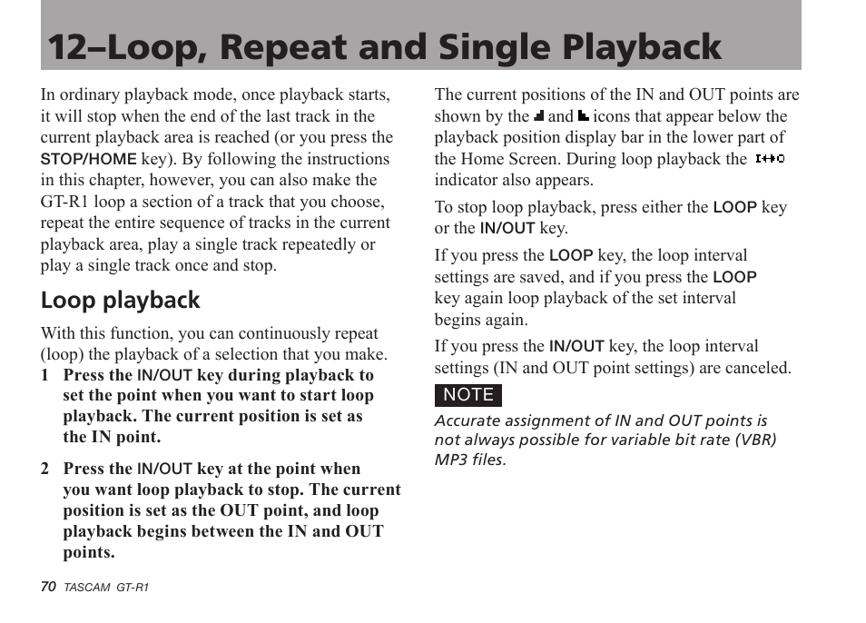 12–loop, repeat and single playback, Loop playback | Teac GT-R1 User Manual | Page 70 / 112