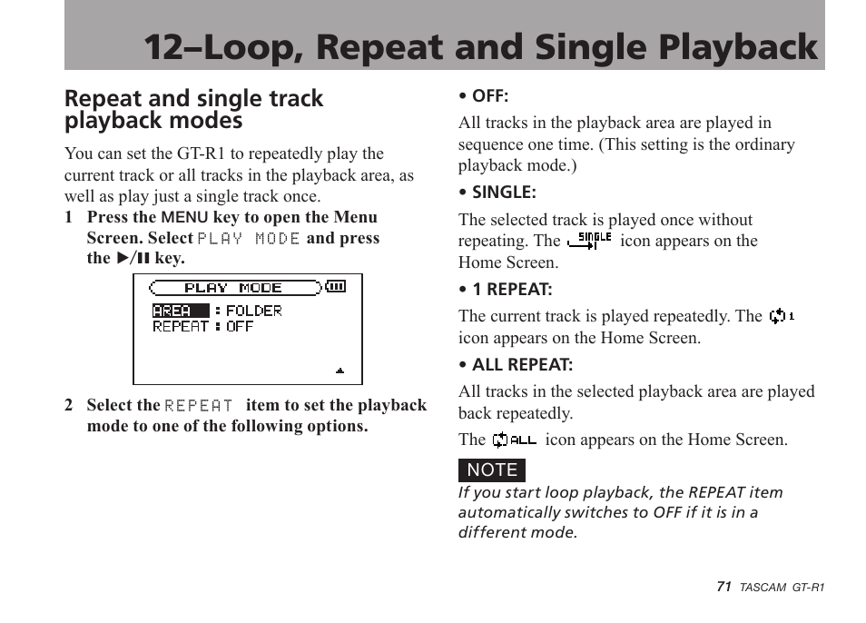 Repeat and single track playback modes, 12–loop, repeat and single playback | Teac GT-R1 User Manual | Page 71 / 112