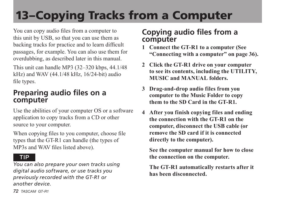 13–copying tracks from a computer, Preparing audio files on a computer, Copying audio files from a computer | Teac GT-R1 User Manual | Page 72 / 112