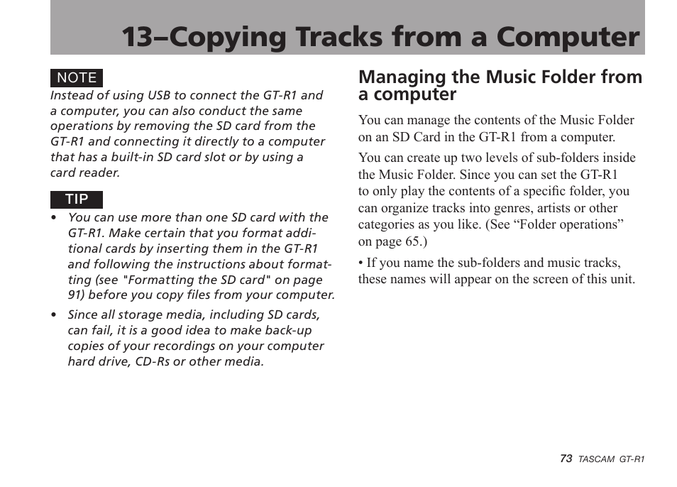 Managing the music folder from a computer, 13–copying tracks from a computer | Teac GT-R1 User Manual | Page 73 / 112