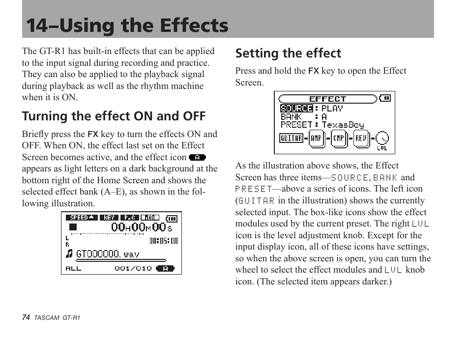 14–using the effects, Turning the effect on and off, Setting the effect | Teac GT-R1 User Manual | Page 74 / 112