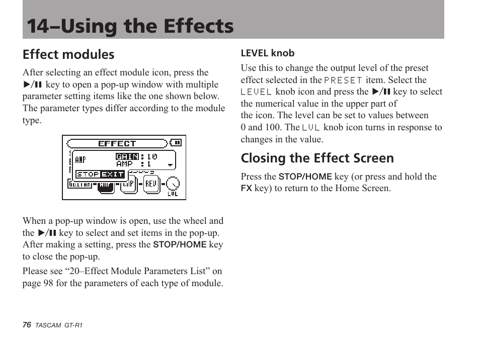 Effect modules, Closing the effect screen, 14–using the effects | Teac GT-R1 User Manual | Page 76 / 112