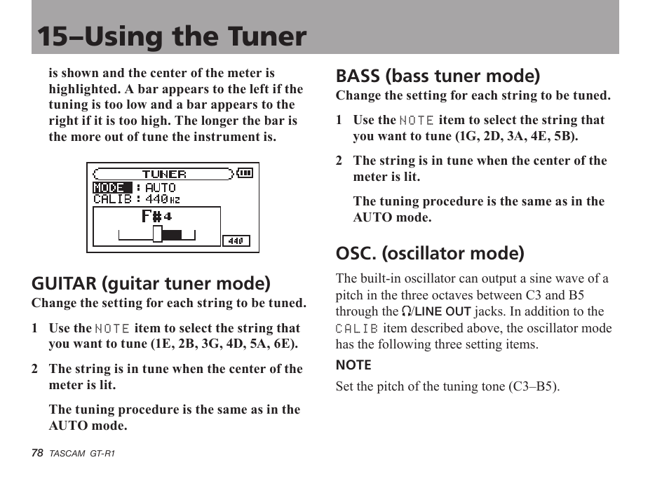 Guitar (guitar tuner mode), Bass (bass tuner mode), Osc. (oscillator mode) | Osc (oscillator mode), 15–using the tuner | Teac GT-R1 User Manual | Page 78 / 112