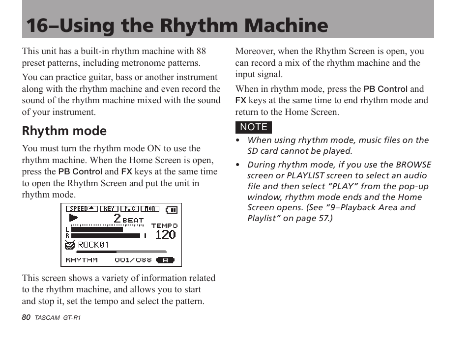 16–using the rhythm machine, Rhythm mode | Teac GT-R1 User Manual | Page 80 / 112