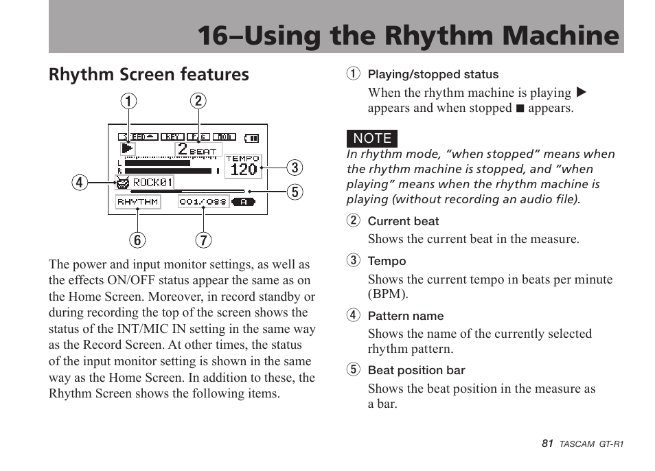 Rhythm screen features, 16–using the rhythm machine | Teac GT-R1 User Manual | Page 81 / 112