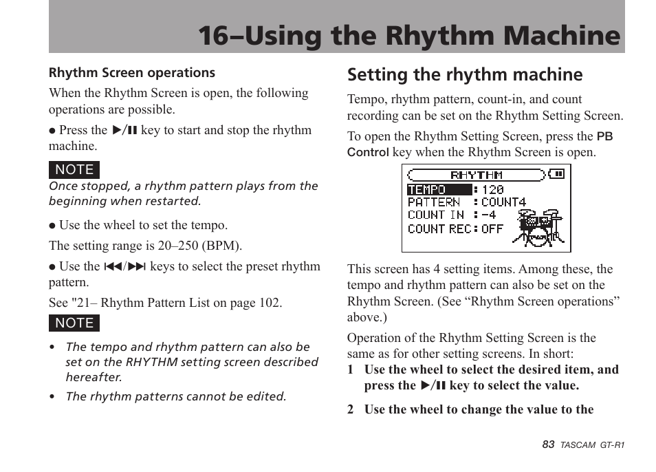 Setting the rhythm machine, 16–using the rhythm machine | Teac GT-R1 User Manual | Page 83 / 112