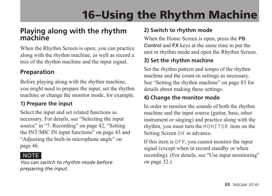 Playing along with the rhythm machine, Preparation, 16–using the rhythm machine | Teac GT-R1 User Manual | Page 85 / 112