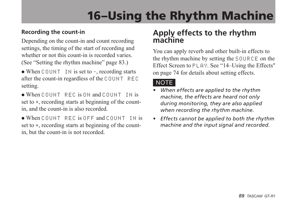 Apply effects to the rhythm machine, 16–using the rhythm machine | Teac GT-R1 User Manual | Page 89 / 112