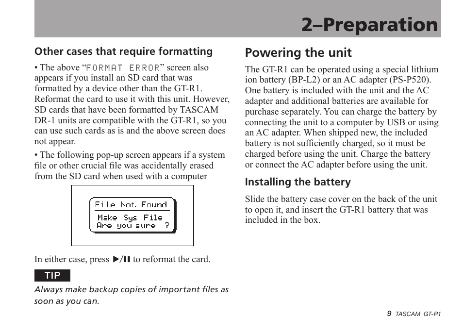 Other cases that require formatting, Powering the unit, Installing the battery | 2–preparation | Teac GT-R1 User Manual | Page 9 / 112