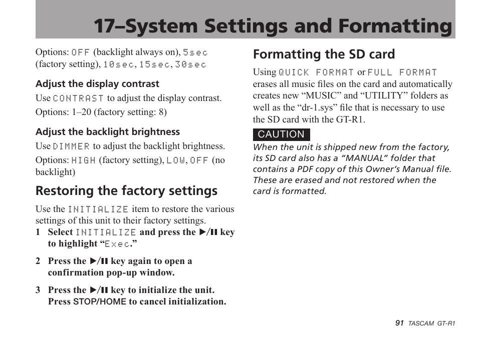 Restoring the factory settings, Formatting the sd card, 17–system settings and formatting | Teac GT-R1 User Manual | Page 91 / 112