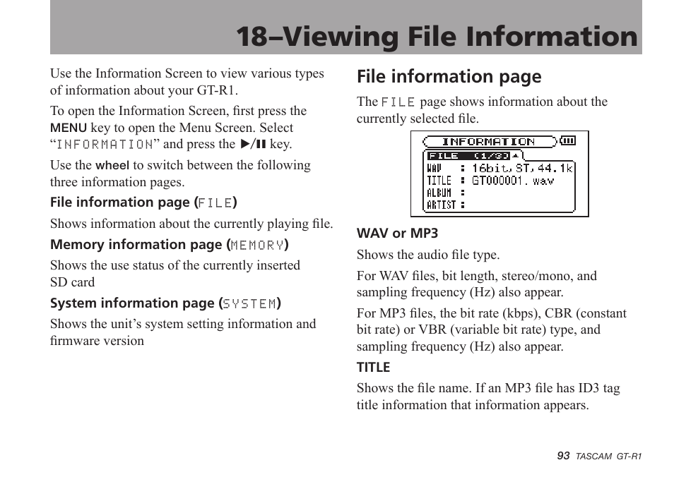 18–viewing file information, File information page | Teac GT-R1 User Manual | Page 93 / 112