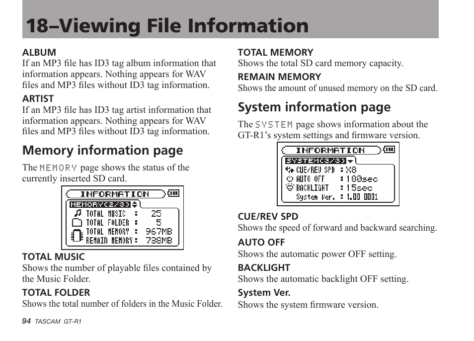 18–viewing file information, System information page | Teac GT-R1 User Manual | Page 94 / 112