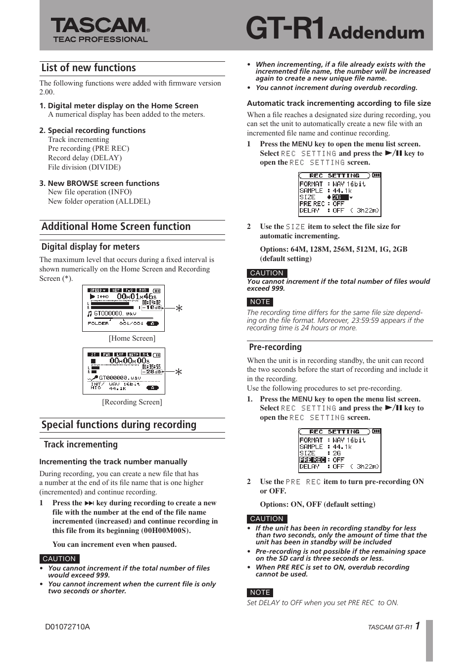 Teac GT-R1 Addendum User Manual | 2 pages