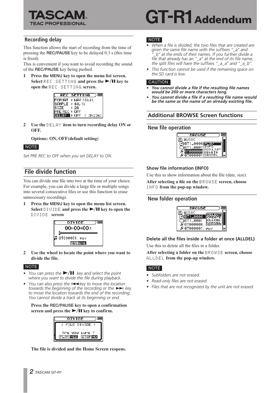 Gt-r1, Addendum, File divide function | Teac GT-R1 Addendum User Manual | Page 2 / 2