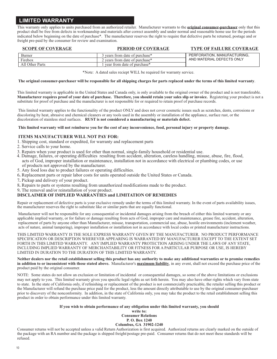 Limited warranty | Char-Broil 415.9011211 User Manual | Page 10 / 32