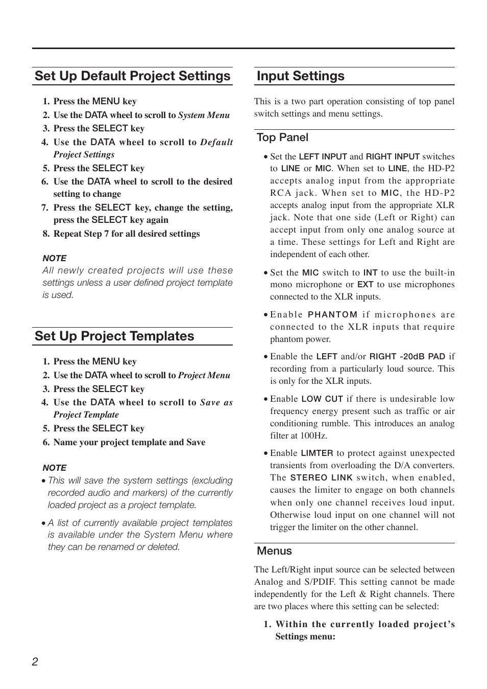 Play audio, Set up default project settings, Set up project templates | Input settings, Top panel, Menus | Teac HD-P2 Quick Start User Manual | Page 2 / 4