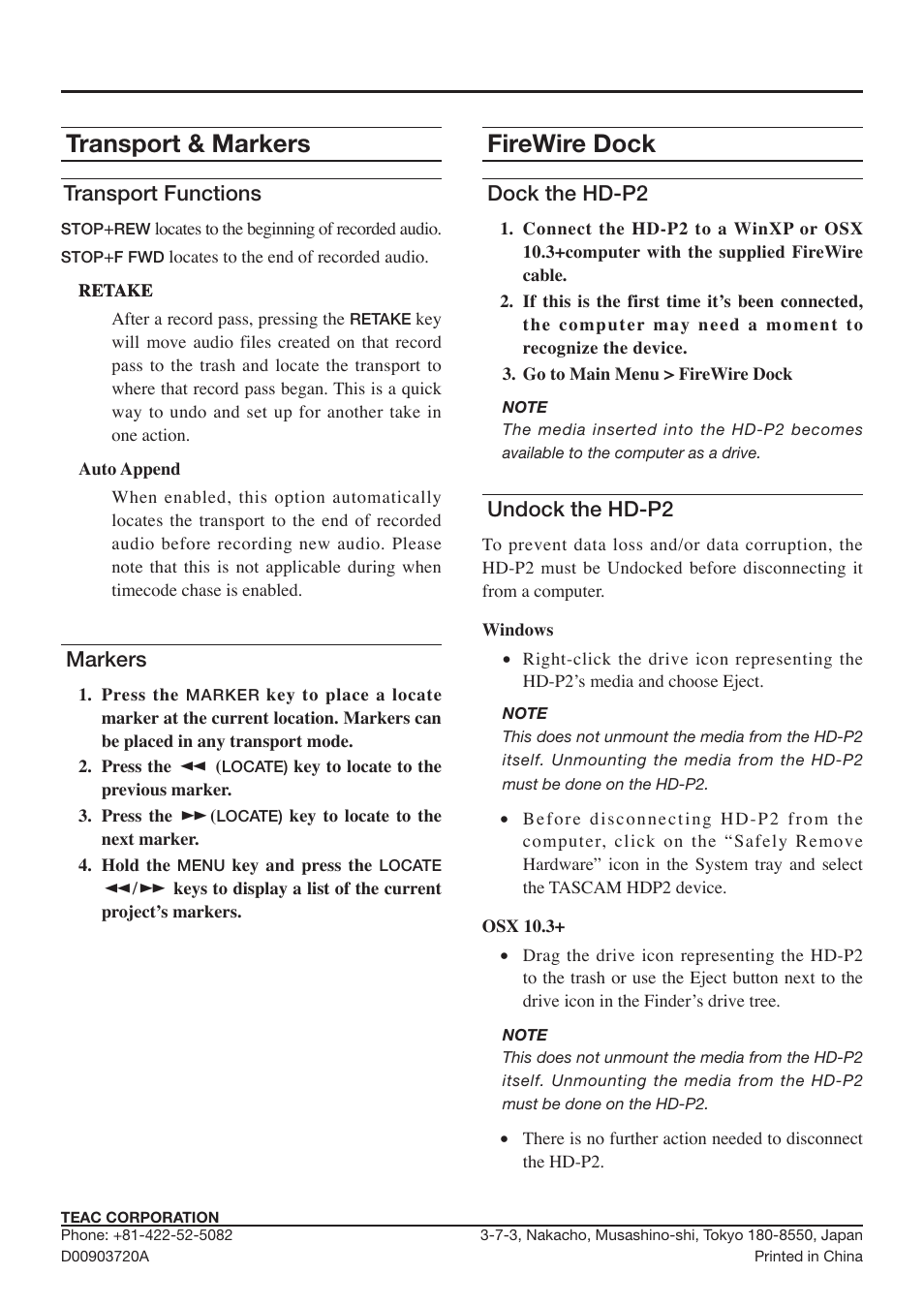 Transport & markers, Transport functions, Markers | Firewire dock, Dock the hd-p2, Undock the hd-p2 | Teac HD-P2 Quick Start User Manual | Page 4 / 4