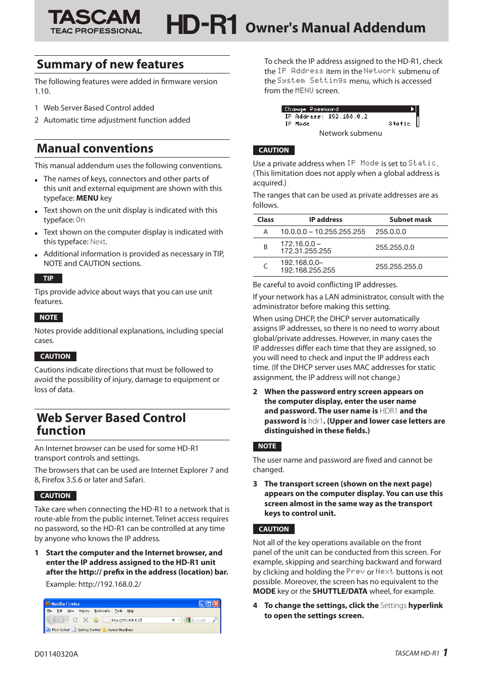 Teac HD-R1 Addendum User Manual | 8 pages