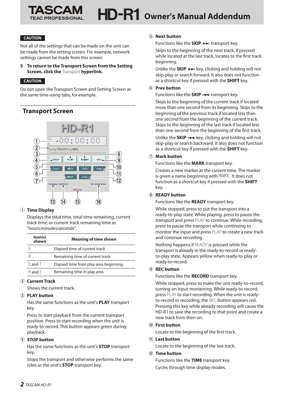 Hd-r1, Owner's manual addendum, Transport screen | Teac HD-R1 Addendum User Manual | Page 2 / 8