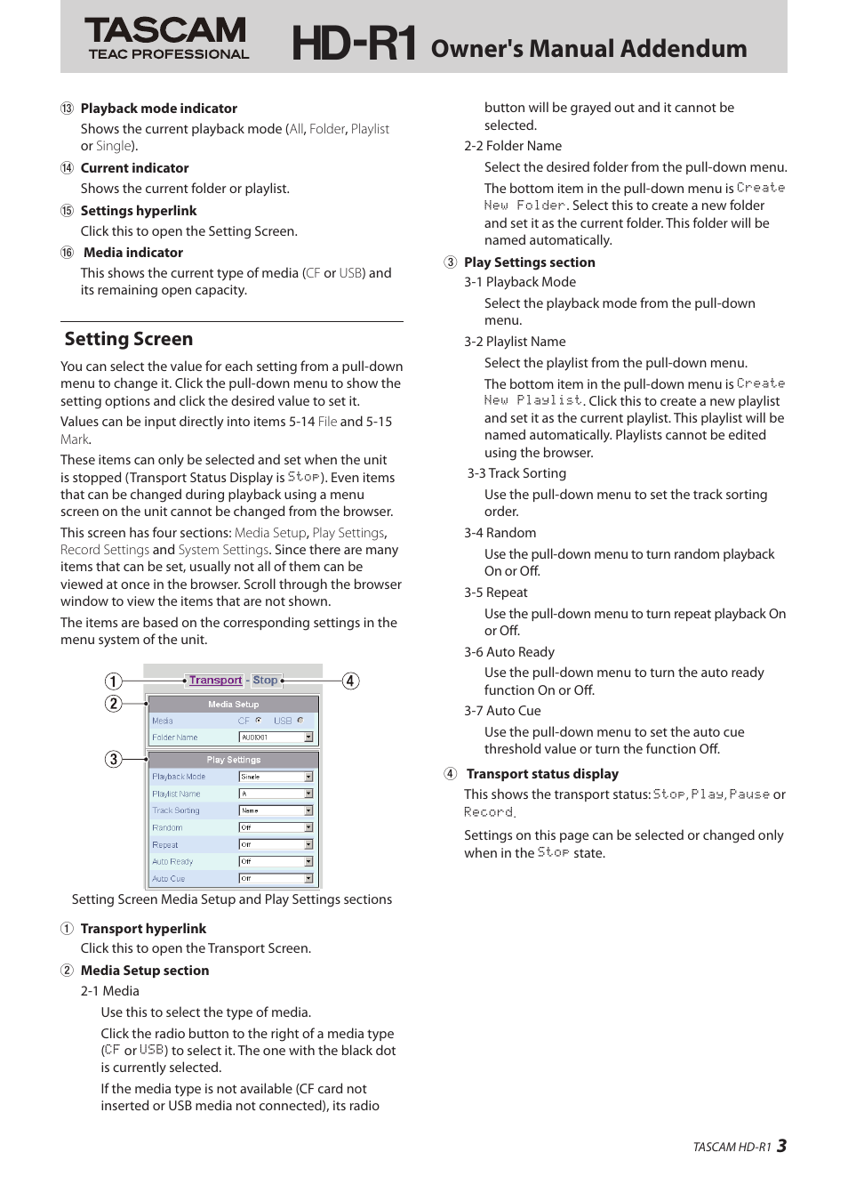 Hd-r1, Owner's manual addendum, Setting screen | Teac HD-R1 Addendum User Manual | Page 3 / 8