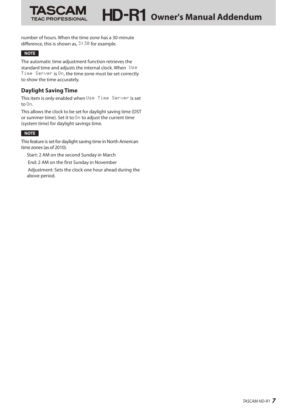 Hd-r1, Owner's manual addendum | Teac HD-R1 Addendum User Manual | Page 7 / 8