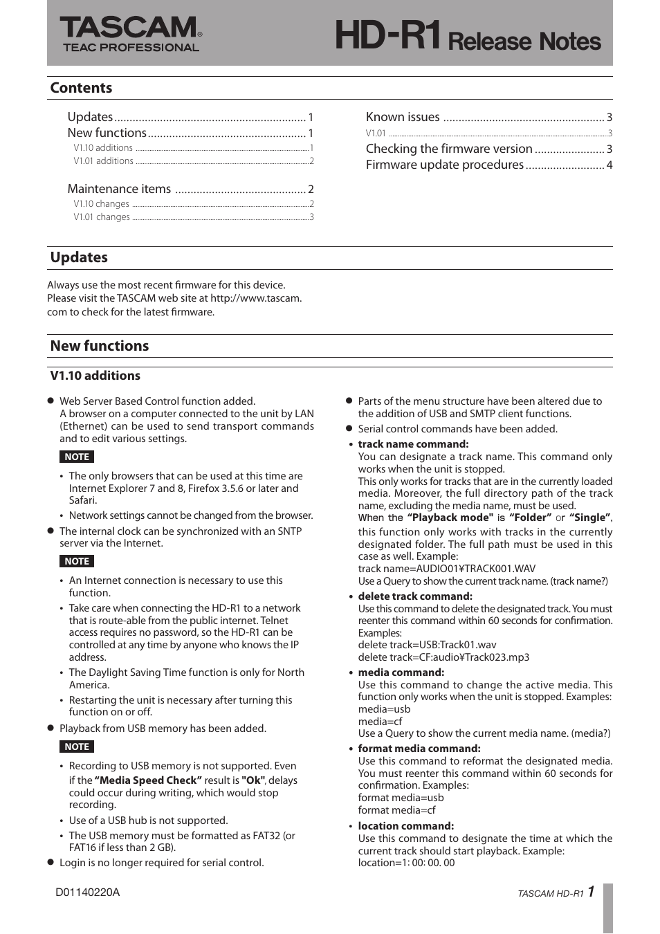 Teac HD-R1 V.1.10 User Manual | 4 pages