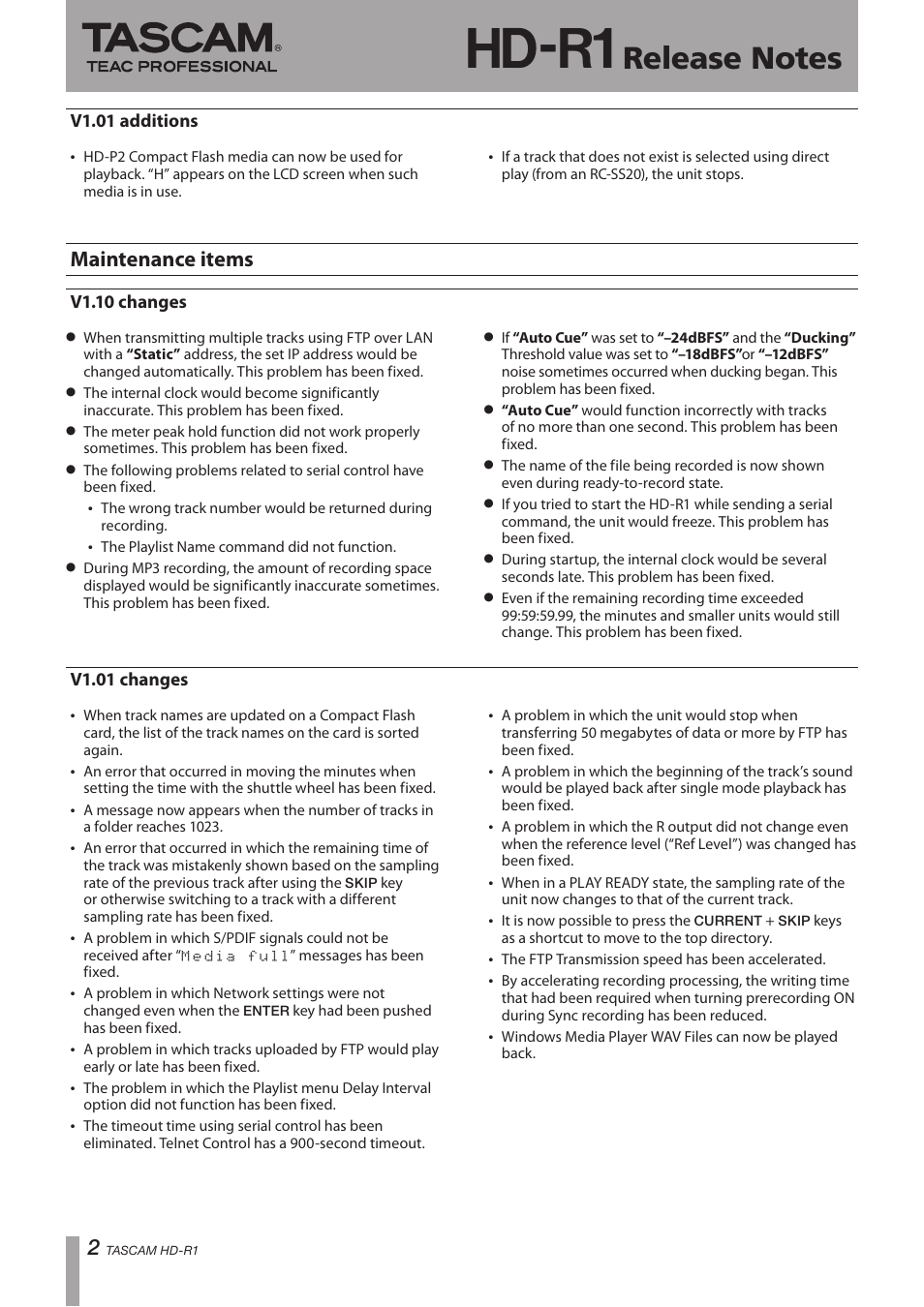 Hd-r1, Maintenance items | Teac HD-R1 V.1.10 User Manual | Page 2 / 4