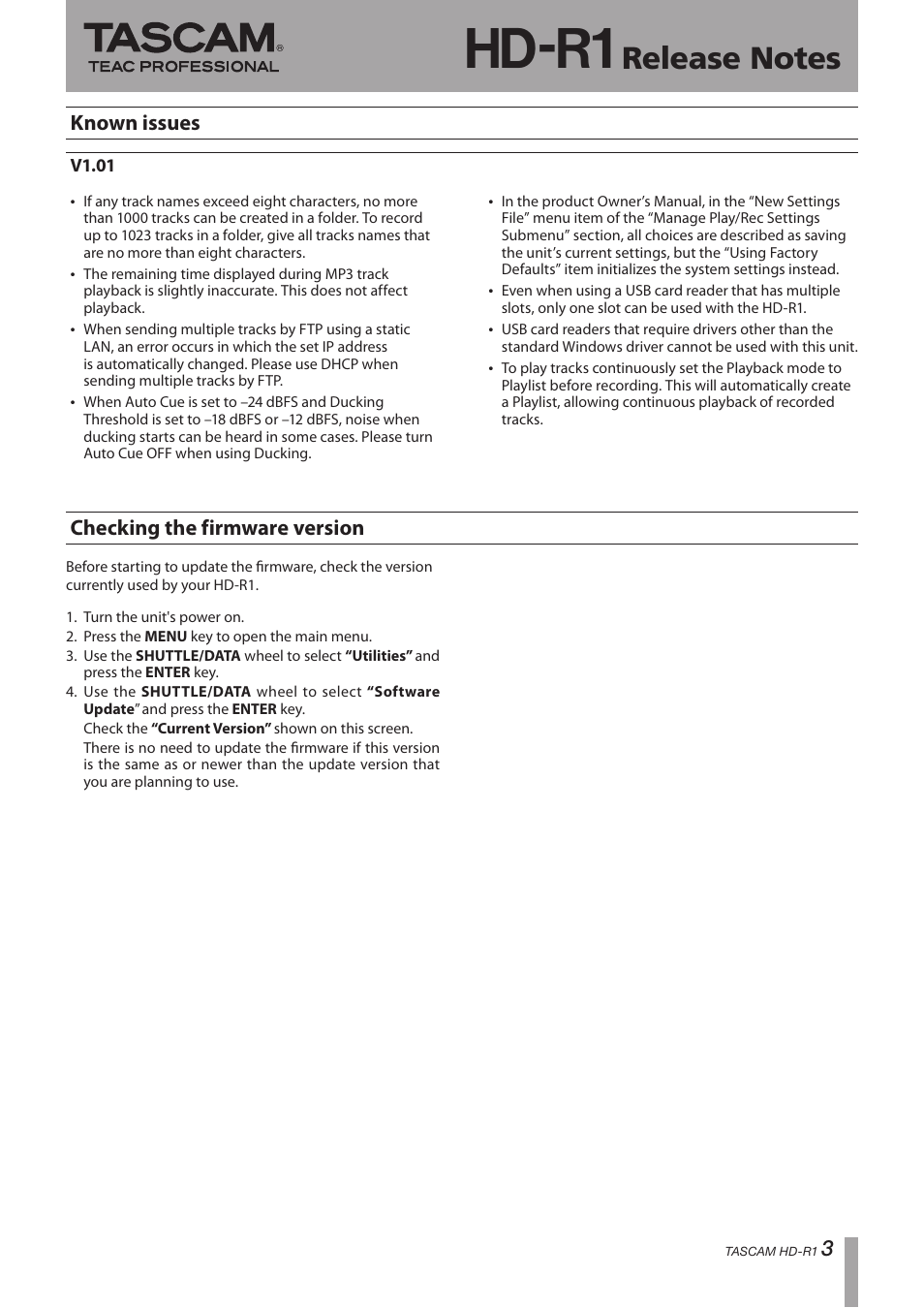 Hd-r1, Known issues, Checking the firmware version | Teac HD-R1 V.1.10 User Manual | Page 3 / 4