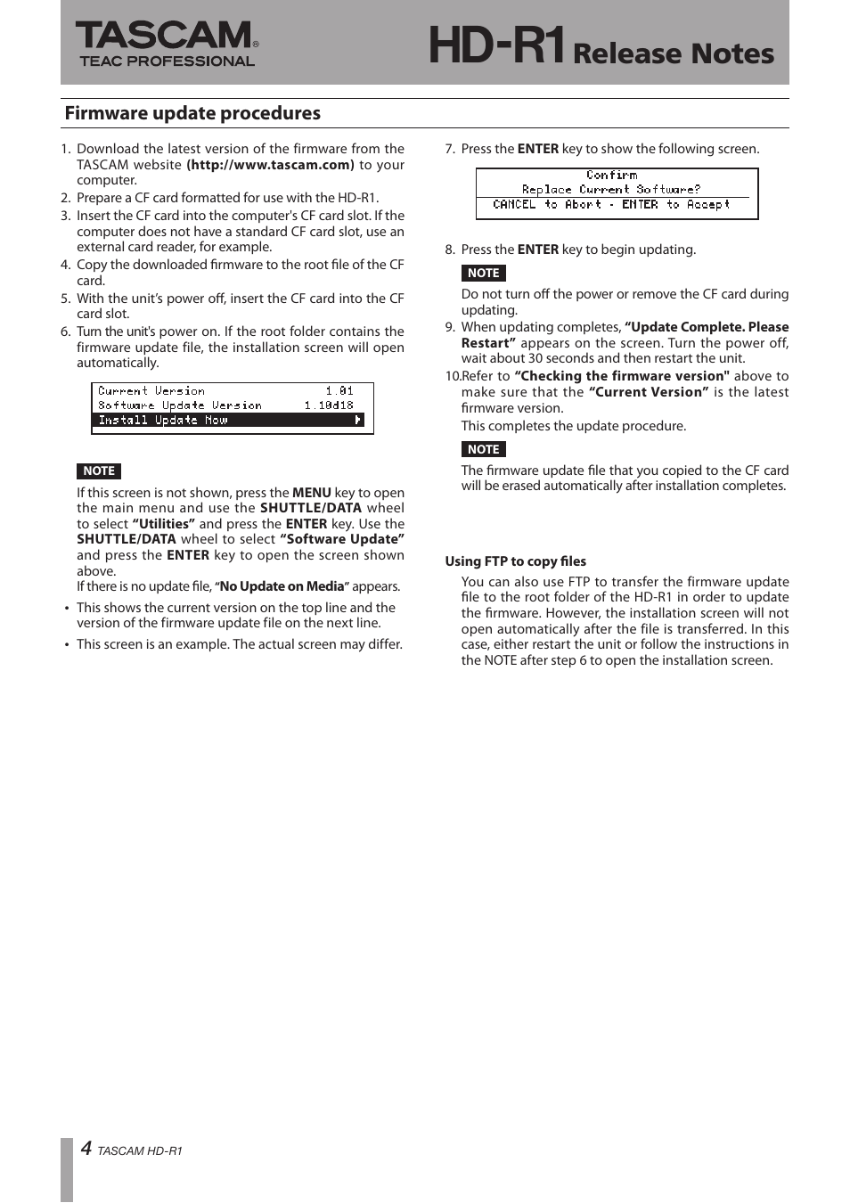 Hd-r1, Firmware update procedures | Teac HD-R1 V.1.10 User Manual | Page 4 / 4