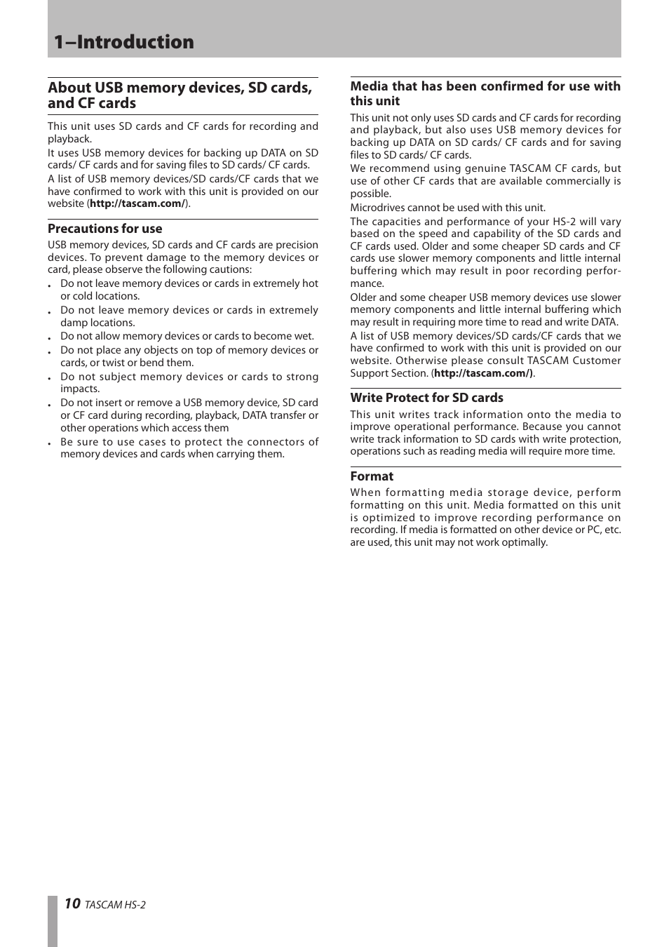 About usb memory devices, sd cards, and cf cards, Precautions for use, Write protect for sd cards | Format, 1−introduction | Teac HS-2 User Manual | Page 10 / 132